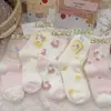 Meias de pelúcia rosa de gatinho para outono e inverno, espessadas e quentes, para meninas doces com um toque jovial, meias quentes para casa e aquecimento