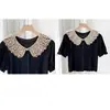 Chal de encaje con cuello de muñeca calado, blusa de mujer decorada con perlas, cuello postizo, sobrefalda estilo coreano