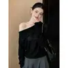 Elegante suéter de punto calado, hombros descubiertos, manga larga, nueva colección otoño 2026, top tipo jersey holgado para mujer talla grande