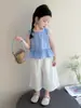 Conjunto de Colete Casual Xadrez Estilo Coreano para Meninas 2026 Nova Moda de Verão Crianças Verão Fino Outdoor Calça de Perna Larga