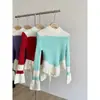 Suéter de Tricô Color Block com Manga Sino para Mulheres Inverno 2025 Novo Estilo Coreano Ruffle Slim Tricô Tendência