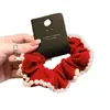 Scrunchie Vermelho Veludo Pérola Festivo de Ano Novo Moda Retro High-End Elástico de Cabelo Versátil Acessório de Cabelo para o Dia a Dia