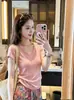Camiseta de punto de manga corta con cuello en V para mujer, estilo fino de verano con cintura irregular y mangas acampanadas pequeñas, top corto