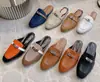 Chinelos baixos Aimaishi, mules de lona de couro bovino com sola floral, meias-sapatos com ferragem de fivela Kelly de aço puro, couro genuíno para mulheres
