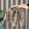 8914 Conjunto de Otoño para Niños 2026 Nuevo Estilo Coreano Ropa Casual Primavera y Otoño Camisa a Cuadros Conjunto de Dos Piezas Moderno