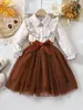 Exportación Transfronteriza Vestido Camisa de Manga Larga con Estampado Floral Pequeño para Niñas Botones Camisa Empalme Falda de Malla