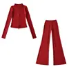 Fabricante mayorista de ropa para mujer transfronteriza 2026 cárdigan térmico de ajuste slim con cuello alto y cremallera y conjunto de pantalones de microcampana hasta el suelo