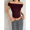 Camiseta de Manga Corta Off-Shoulder Ajustada Estilo Coreano para Mujer, Color Sólido de Verano, Top Delgado de Media Manga Corta