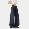Calça Casual de Tecido Xadrez Fino Azul Marinho com Pernas Largas, Design de Cintura com Cordão e Embelezamento de Pingente de Estrela do Mar, Marca de Moda High Street, Roupas Masculinas de Corte Solto