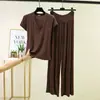 Conjunto de Duas Peças: Camiseta de Manga Curta com Decote em V e Patchwork de Modal com Calça Longa de Cintura Alta Novo de Verão Tamanho Plus Versátil Casual
