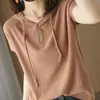 Estilo novo de verão, top sem mangas de malha de algodão puro, com três botões, bainha enrolada e capuz, camiseta solta estilo coreano, decote V semiaberto, roupas femininas