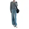 Jeans de tiro alto azul claro de pierna ancha estrecha para mujer 2024 Verano Nuevos Retro Adelgazantes Versátiles Pantalones Rectos