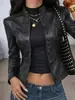 Jaqueta de couro feminina estilo europeu e americano minimalista transfronteiriça, justa, acinturada, elegante, comprimento curto, casaco vintage de outono para garota bad girl