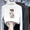 Roupa íntima infantil estampada com forro de fleece, gola alta, manga longa, quente e versátil, camiseta escovada para meninas, outono e inverno