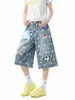 Shorts jeans da moda com patches de estrelas por toda parte, design de marca de moda de verão unissex, calças largas folgadas