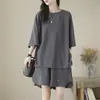 Traje Transfronterizo Grande de 100 kg Verano Nuevo para Mujer Tops de Manga Corta Pantalones Cortos Casuales Sueltos Retro Conjunto de Dos Piezas para Mujer