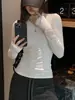 Puños acrílicos cepillados de alta calidad con ribete de encaje, cuello alto pequeño, camisa base de manga larga para mujer, prenda exterior estilo coreano, top ajustado