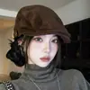 Gorra de ante para mujer, gorra de pico de pato, para circunferencia de cabeza grande, boina literaria retro, hace que la cara se vea más pequeña, adecuada para caras cuadradas y redondas