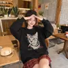 Sudadera con Capucha Estampado de Gato de Dibujos Animados para Mujer Otoño Estilo Coreano Holgada Adelgazante Perezosa de Longitud Media Casual Manga Larga