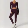 Traje deportivo de manga larga para mujer para otoño e invierno, tela cepillada, corte ajustado, cintura alta, adecuado para fitness al aire libre, correr, Pilates y yoga