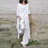 Blusa Casual Solta com Barra Irregular, Gola Redonda, Mangas 3/4, Conjunto de Camisa de Algodão e Linho, Primavera/Verão 2026