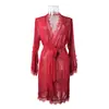 Robe de Renda Transparente Leve Sexy de Verão com Decote V e Amarração Manga Longa para Mulheres Roupão de Casa de Alto Padrão para Manhã 062