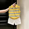 Conjunto de Verão para Meninos Camisa Polo Listrada Colete Marca Tendência Nova Infantil Versátil Shorts de Algodão Puro Conjunto de Duas Peças