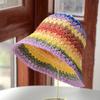 Novo chapéu de palha listrado arco-íris feminino moda verão proteção solar viseira chapéu de pescador chapéu bucket casual cobertura facial chapéu bacia moda