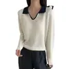 Top de Tricô com Gola Polo de Alta Qualidade para Mulheres, Novo Estilo Primavera 2026, Color-Blocking Único, Deslumbrante Camisa Base para Camada Interna