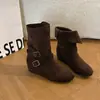 Botas Jeans Curtas Estilo Retrô para Mulheres Simples Western 2026 Outono Fivela de Cinto Botas com Salto Escondido Botas de Moda em Camurça