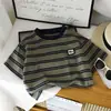 Camiseta de Manga Corta de Verano para Niños, Camiseta Interior de Rayas para Niños, Camiseta Casual de Media Manga Estilo Coreano con Cuello Ancho para Niños Pequeños y Niños Pequeños
