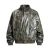 Chaqueta de cuero para hombre con cuello alto, efecto tie-dye desgastado y brillante, estilo moderno, diseño de doble solapa, bolsillos grandes, chaqueta de cuero PU