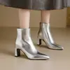 Botas de Moda com Salto Grosso para Mulheres, Outono e Inverno, Tamanho Grande, Botas de Cano Curto, Bico Fino, Solado de Borracha, Antiderrapante, Zíper Lateral, Salto Alto, Versátil