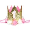 Sombrero de un año para bebé de un año 1 dorado con purpurina y flores sombrero de cumpleaños 1 rosa dorado con purpurina tarjeta para pastel