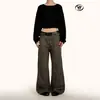 Calça Cargo Yongfang Estilo Retrô Americano Cor Cacau Casual Solta Personalidade Desconstruída Design de Bolsos Calça de Pernas Largas
