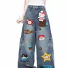 Toalha Bordada de Desenho Animado Americano Jeans Denim Masculino Primavera Tendência Marca Design Calças de Perna Larga Soltas Versátil Comprimento Total