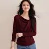 2026 Camiseta Elegante Assimétrica de Gola Alta de Alta Qualidade para Mulheres, Design de Outono, Slim-Fit, Blusa de Manga Longa