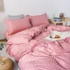 INS Estilo Japonés Simple Cuadros Juego de Ropa de Cama de Cuatro Piezas Colcha Funda de Colcha Funda Nórdica Sábana para Dormitorio 4 Juego de Tres Piezas