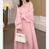 Moda Otoño e Invierno Color Sólido Cárdigan de Punto Vestido con Tirantes Traje para Mujer Abrigo Elegante de Suéter Vestido Largo Conjunto de Dos Piezas