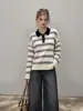 Ummoimoi Suéter de punto de manga larga a rayas color block con cuello tipo polo estilo coreano para mujer, diseño 2026, corte holgado, efecto adelgazante