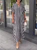 2026 Plataforma Independente de Roupas Femininas Transfronteiriças Moda Estilo Europeu e Americano Vestido Listrado com Fenda Vestido Longo com Fenda de Manga Curta para Mulheres