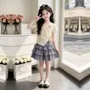 Conjunto Duas Peças Casual Elegante com Estampa Floral Irregular de Manga Curta, Xadrez Doce e Fofo, Saia Bolo, Temperamento Moderno para Crianças Médias e Grandes