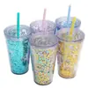 Copo de Plástico com Canudo de Camada Dupla com Pó Dourado 350/450ml Copo Publicitário Copo Sanduíche com Glitter Lantejoula Personalizado com Logo para Mulheres