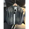 Chaqueta de Motociclista de Mezclilla para Hombre Primavera y Otoño Silueta Americana Ropa de Trabajo Superior Holgada Cuello Alto Marca de Moda Desgastada Casual