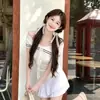 Top de punto sin mangas estilo universitario coreano con cuello de marinero y corbata para mujer, de verano, entallado a la cintura, adelgazante, rejuvenecedor, elegante, corto