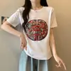 Verano 2024 Nuevo chica regordeta talla grande Guofeng Industria Pesada Bordado Camiseta de Manga Corta Mujer Adelgazante Sencillo Personalizado Top