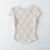 3517-26 Camiseta Pulôver Crochê Gola Redonda Bainha Curva Manga Curta Estilo Verão Estilo Coreano Slim Fit Renda