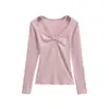 Camiseta de Manga Larga Cuadrada con Tirantes Cruzados, Moderna y Elegante para Mujer, Nuevo Modelo de Primavera, Versátil Camisa Base de Color Sólido Ajustada