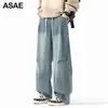 Calça jeans americana retrô transfronteiriça, novos estilos outono/inverno para homens, com lavagem desgastada e design de perna reta, calça comprida casual, moderna para adolescentes