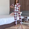 Pijamas de estilo europeo y americano transfronterizo Primavera y otoño Cárdigan a cuadros Pantalones de manga corta Conjunto de dos piezas Ropa para el hogar Comercio exterior Amazon